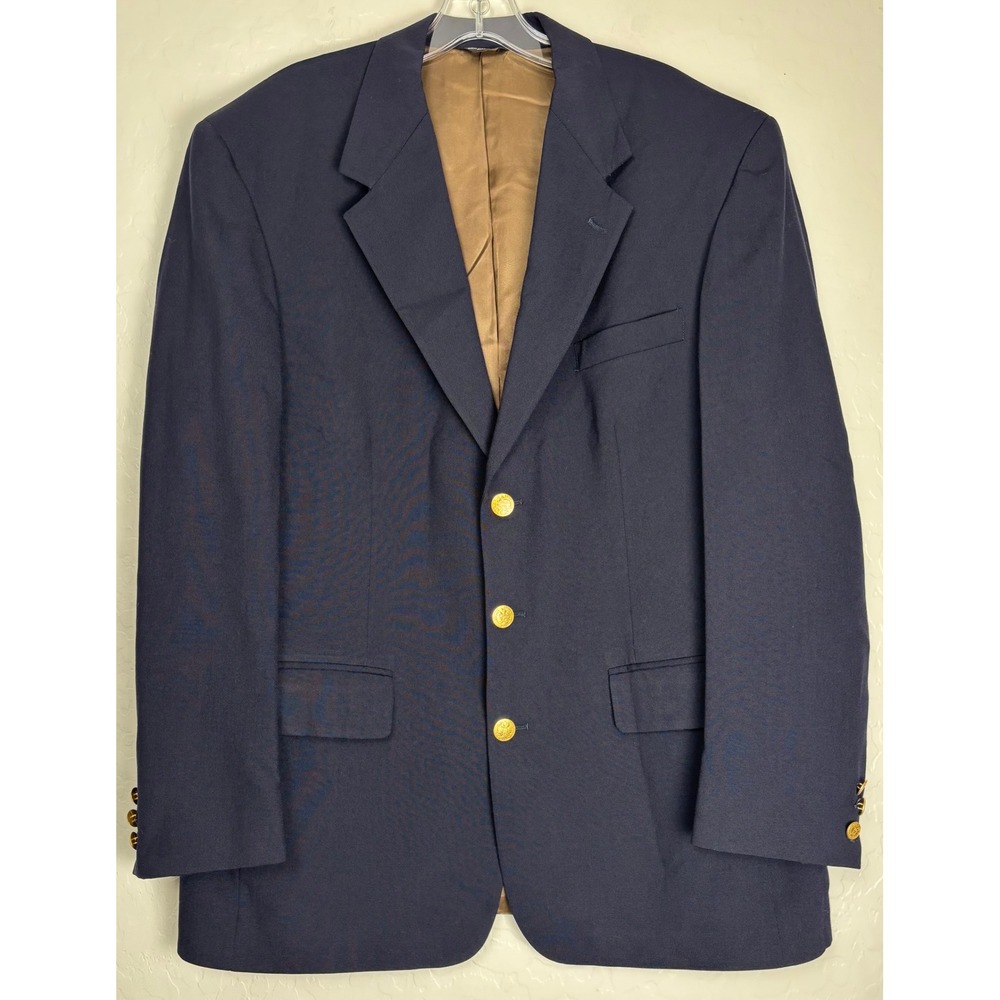 Bill Blass Gold Crest Button Blazer 44R Navy Wool Preppy Sport Coat USA 44R 2782